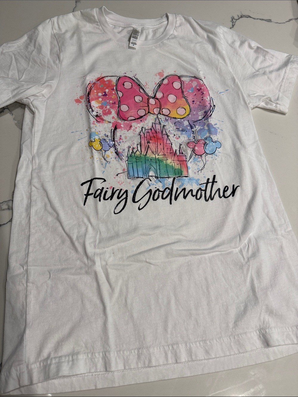 Bella Canvas White Tee with Rainbow Castle & Pink Polka Dot Bow